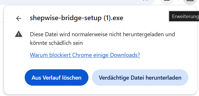 Chrome-Downloadwarnung mit der Option &bdquo;Verdächtige Datei herunterladen&ldquo;